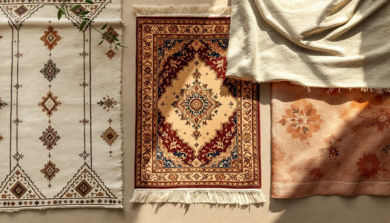 Plusieurs tapis d’Orient noués à la main disposés à plat — persan à médaillon, berbère Beni Ourain, kilim géométrique et tapis en soie — dont un retourné montrant le revers noué